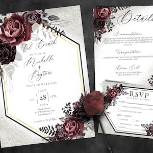 KLEINEs Bündel Gothic druckbare bearbeitbare Hochzeitseinladung, bearbeitbare Vorlage für Burgunder schwarze Rosen, Detailkarte selbst bearbeiten