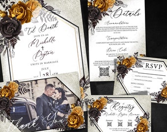 May include: Wedding invitation suite with a black and gold floral design. The invitation features a photo of the couple and the text "Til Death, Join us as Michelle + Peyton, Unite in Marriage, July 28, 7:00 PM". The details card includes information about accommodations, transportation, and dress code. The RSVP card has a space for guests to indicate their attendance and meal choice. The registry card lists the couple's registry information.