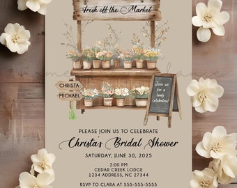 Puede incluir: Una ilustración de acuarela de un puesto de flores con un letrero de pizarra que dice "¡Únete a nosotros para una hermosa celebración!" El letrero está al lado de un letrero de madera que dice "Christa & Michael". La invitación es para la despedida de soltera de Christa el sábado 30 de junio de 2025 a las 2:00 PM en Cedar Creek Lodge, 1234 Address, NC 27344. RSVP a Clara al 555-555-5555. Registrado en Amazon & Target.