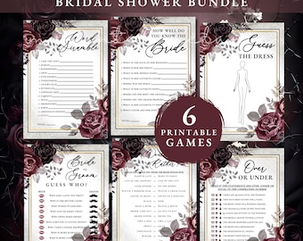 Gothic Brautparty Spiele Bundle | 6 Druckbare Spiele | Schwarz & Burgunder Rosen | Dark Romance Thema