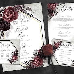 Printable Editable Gothic Wedding Invitation Bundle, Burgandy Black Roses Editable Template, Registry, RSVP, Details Card Edit Yourself