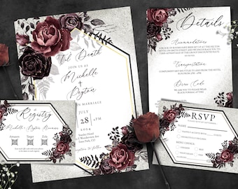 Puede incluir: Conjunto de invitaciones de boda con diseño floral. El conjunto incluye una invitación, una tarjeta de detalles, una tarjeta de registro y una tarjeta RSVP. El diseño presenta rosas burdeos, detalles plateados y marcos geométricos dorados. El texto incluye los nombres Michelle y Peyton, y la fecha 28 de julio de 2024.