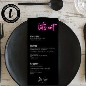 BEWERKBARE roze neon platte menukaart afdrukbare, moderne bruiloft of feest menusjabloon afdrukbare digitale download