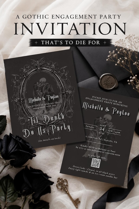 engagement party dress code invitation Gothic Til Death Do Us Party Invitation, Skull Wedding, Til Death Do Us Part Template handle:violetta-turtleneck-knit-dress-black Monica Chain Link Mini Engagement dinner Color:Custom Color(Special instructions for seller）