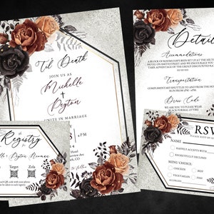 Lot de faire-part de mariage imprimable en terre cuite et noir, modèle modifiable de roses en terre cuite noire, registre, RSVP, carte de détails à modifier vous-même