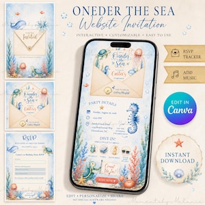May include: A digital Oneder the Sea birthday invitation template displayed on a smartphone screen, featuring watercolor illustrations of sea creatures, an envelope graphic, party details, RSVP section, and interactive buttons for music and directions.