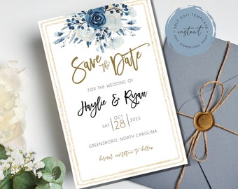 May include: A save the date card with a gold glitter border and blue and white floral design. The text reads "Save the Date" in gold script, followed by "For the Wedding of Haylie & Ryan" in black script. The date is "Sat 28 | 2023" and the location is "Greensboro, North Carolina".