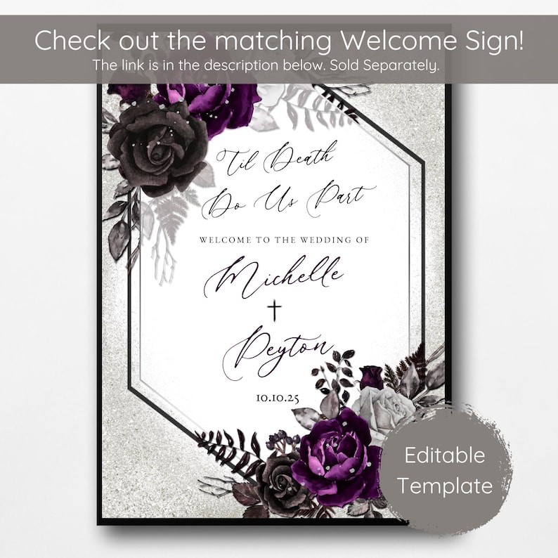 Black and Purple Roses Wedding PRINTABLE Invitation Bundle Template ...