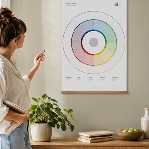 以下が含まれることがあります： 木製フレーム付きの円形壁掛けカレンダー「Round Method」。中央のグレーの円を囲むように、多色の放射状グラデーションリング、細い線、下部にテキストラベルが配置された白い背景のデザインです。