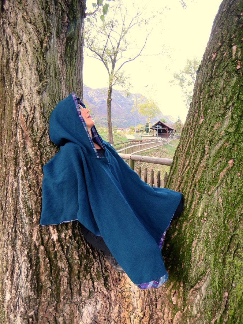 One Size Petrol Purple Doublefaced Poncho,Witch Fairy Pagan Elven Woodland Priestess Forest Fairytale Magic Riding Hood Cosplay Mori Kei