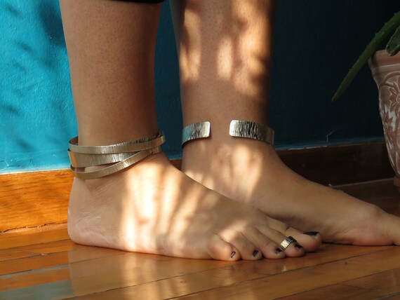 Silver Anklet Thin Alpaca Metal Foot Cuff Flat Band Hammered