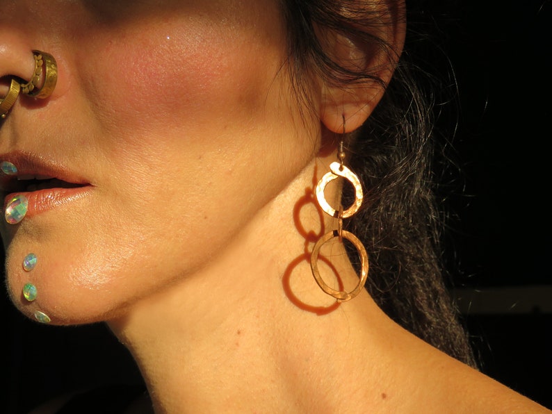Long Dangle Ancient Greek Classic Contemporary Geometric Industrial Designer Jewelry Elegant Minimal Zen Copper Link Hoop Loop Earrings