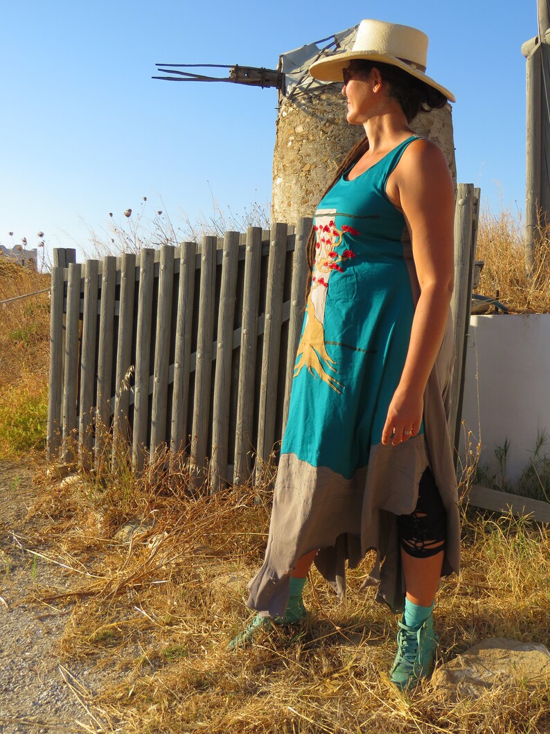 Zen Japanese Turquoise and Red Tree of Life Avatar Woodland Forest Pagan Wicca Fairy Priestess Magic Applique Fairytale Bonsai Tree Dress
