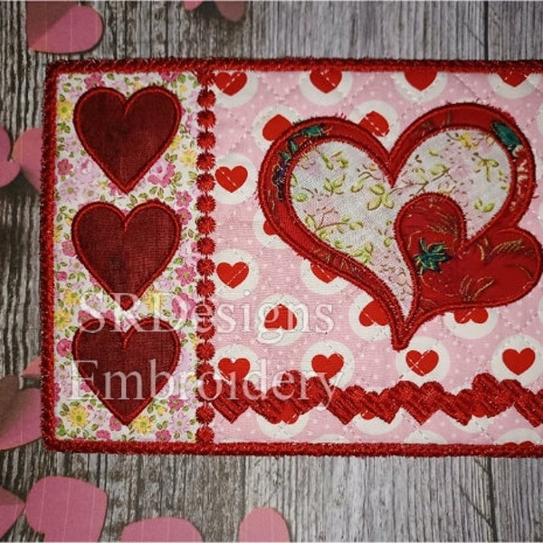 Heart applique Mug rug , 5"x7"" in the hoop embroidery design