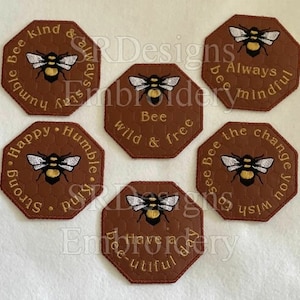 Bee inspirational coasters set of 6, 4"x4" in the hoop, complete step by step photo instructions included