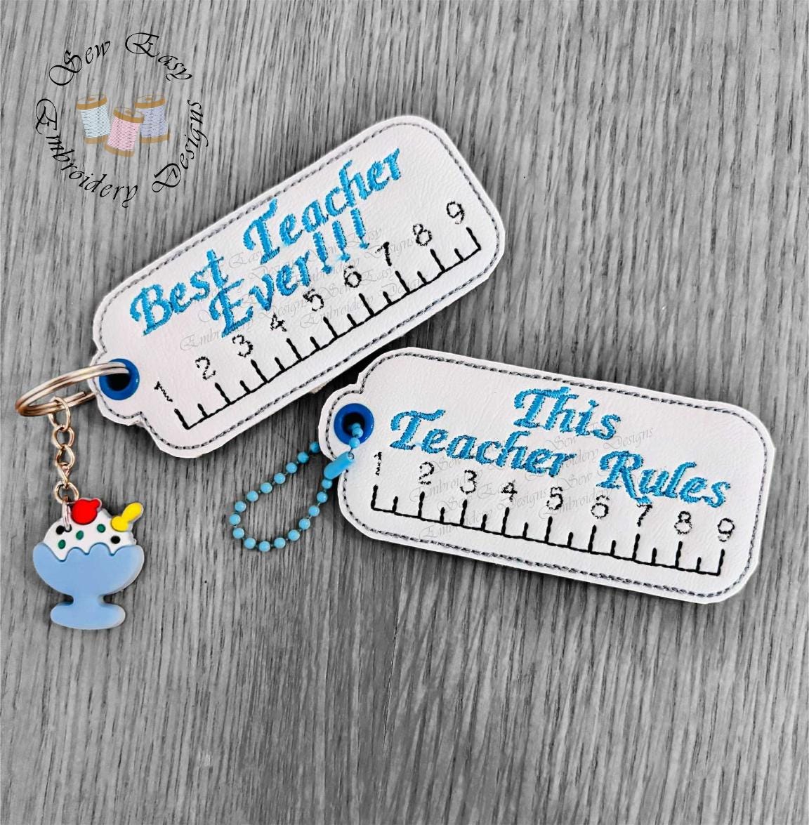 Teacher key ring/bag tag x2 ITH 4x4 machine embroidery design