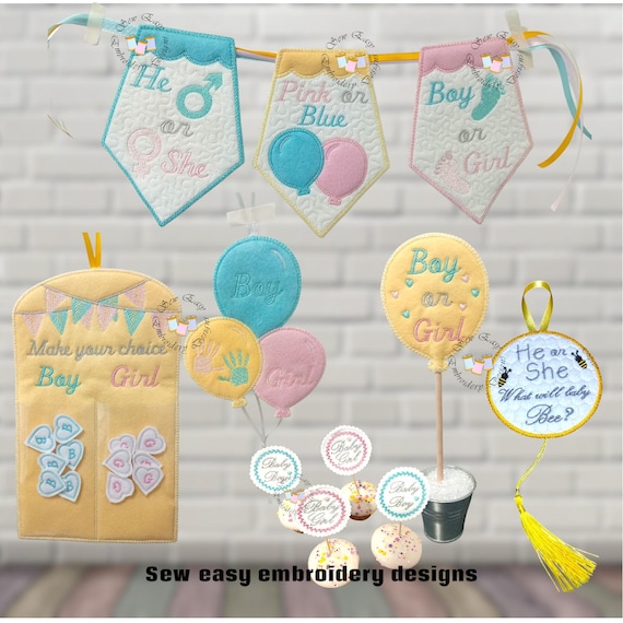 Gender reveal set.Includes hidden reveal hanger, table décor, bunting and more. Photo step by step instructions included. 4"X4",5"x7"&12"x7"