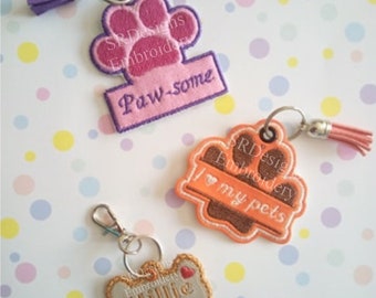 Dog tag keyrings, set of 3, applique, in the hoop embroidery design.