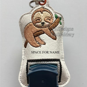 Inhaler cover with sloth design, unique pocket on the back and space for you to personalise with name etc. In the hoop using 4x4 hoop