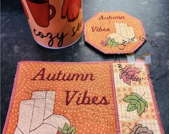 Autumn vibes coaster and mug rug set, ITH 5"x7" and 4"x4" hoop