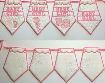Baby girl bunting,  5"x7" set of 5 designs including 1 with space for personalising. ITH applique embroidery design