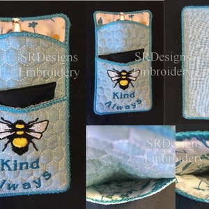 Glasses case with pocket, fully lined. In the hoop Bee design glasses case. Done in 2 hoopings 5"x7" & 4"x4" hoops. No sewing