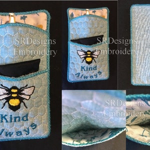 May include: A blue quilted zippered pouch with a bee and the words "Kind Always" embroidered on the front. The pouch has a small pocket on the inside for holding items.