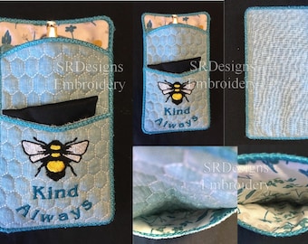 Estuche para gafas con bolsillo, totalmente forrado. Estuche con diseño de abeja en bastidor. Fabricado en dos bastidores de 12,7 x 18,8 cm y 10,16 x 10,16 cm. Sin costura.