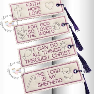 May include: Four embroidered bookmarks with purple stitching and tassels. Each bookmark features a different religious quote and design, including a cross, heart, dove, globe, fish, star, shepherd's crook, and a lamb. The text "FAITH HOPE LOVE", "FOR GOD SO LOVED THE WORLD", "I CAN DO ALL THINGS THROUGH CHRIST", and "THE LORD IS MY SHEPHERD" are displayed.