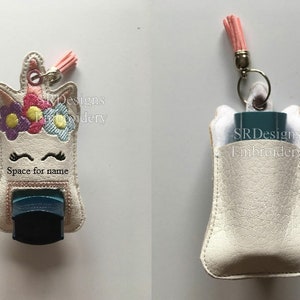Inhaler cover with unicorn design, unique pocket on the back and space for you to personalise with name etc. In the hoop using 4x4 hoop
