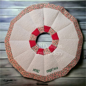 Christmas tree skirt with border embroidery design 5&quot;x7&quot;hoop, each panel 173mm x 120mm. completed size 18&quot;photo instructions included.