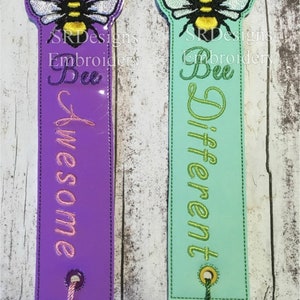 Bee bookmarks, set of 6, all different words ITH machine embroidery.