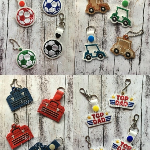 Men's keyring & key fob collection, set of 4 different designs. In the hoop design 4"x4"