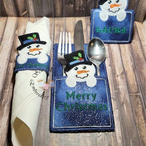 Snowman embroidery table décor set, 3 designs included. Each piece stitched in the hoop, 5"x7" design.