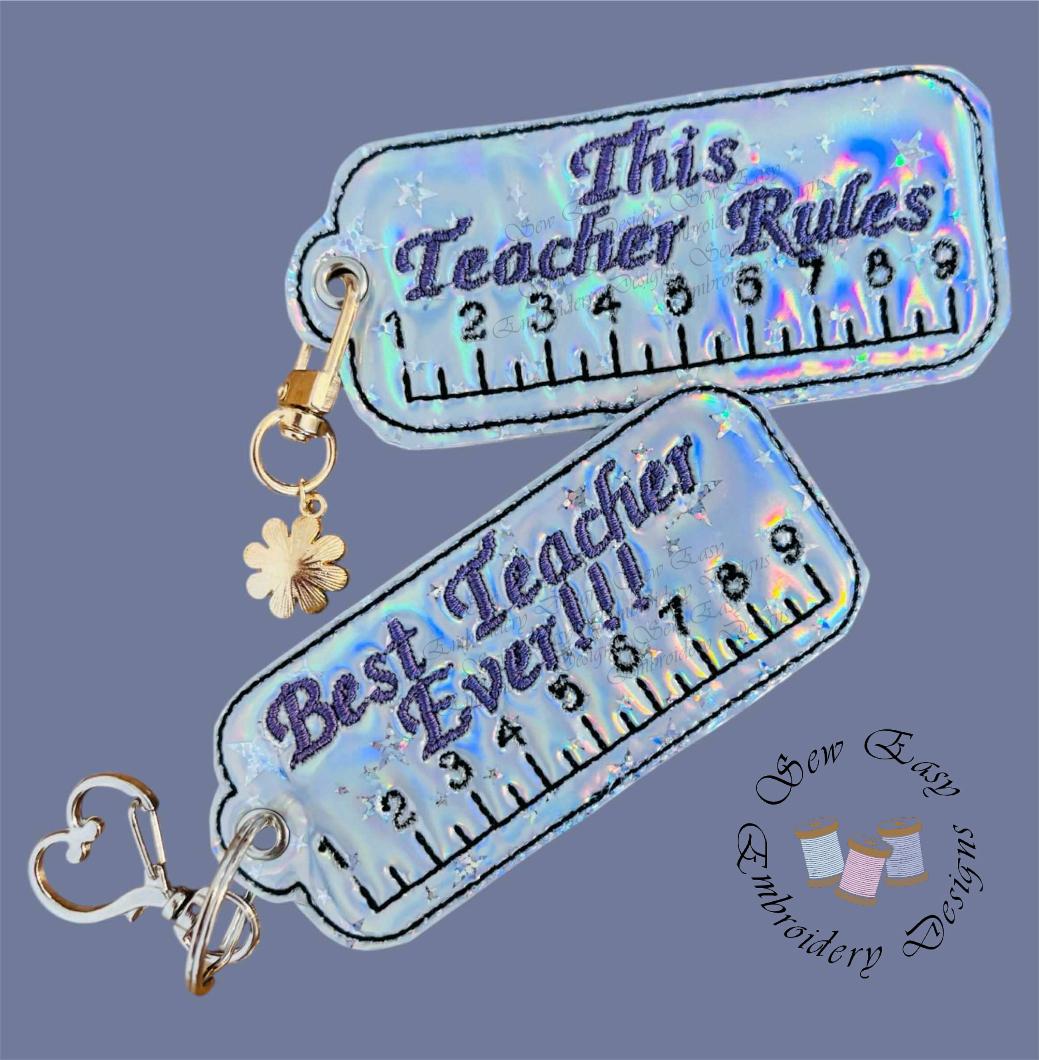 Teacher key ring/bag tag x2 ITH 4x4 machine embroidery design