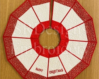 Christmas tree skirt with border,ITH embroidery design 5"x7" hoop, each panel 177mm x 124mm completed size 18" photo instructions included