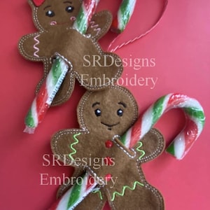 Gingerbread candy cane holder boy & girl, 99mm x 80mm each approx. In the hoop embroidery design