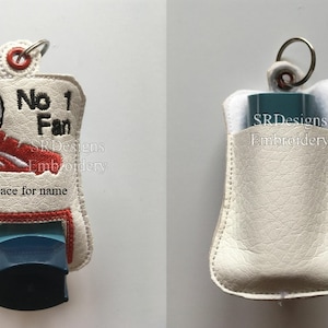Inhaler cover with football design, unique pocket on the back and space for you to personalise with name etc In the hoop using 4x4 hoop