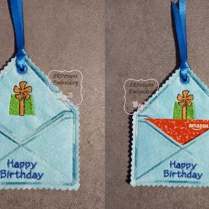 誕生日ギフトカードホルダー/ギフトタグ封筒刺繍デザイン。サイズ約116.5 mm x 97.5 mm ITH 5"x7"