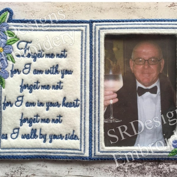 Forget me not duo frame, sentiment in floral frame and photo pocket 5"x7" in the hoop embroidery made in 2 pieces