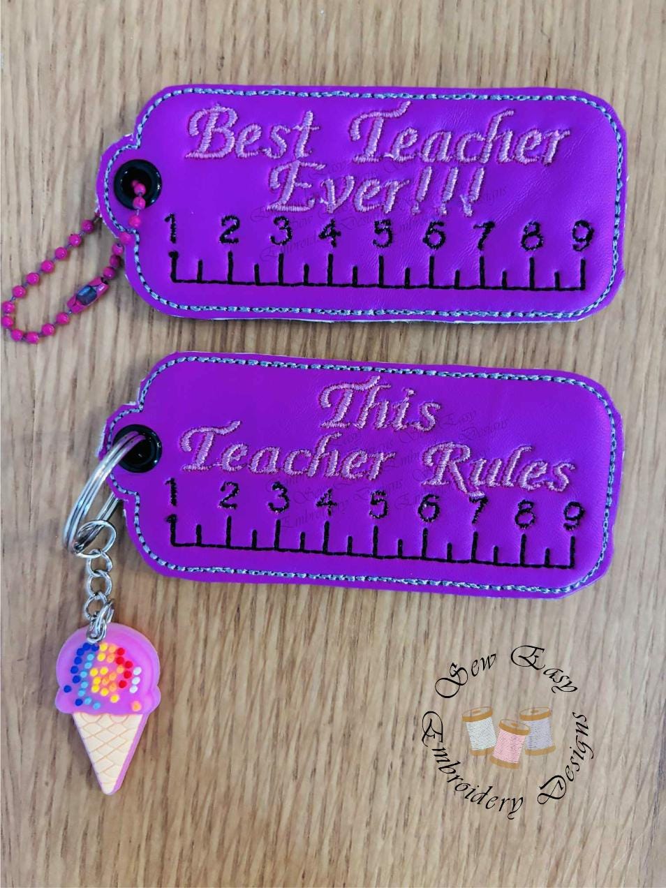 Teacher key ring/bag tag x2 ITH 4x4 machine embroidery design