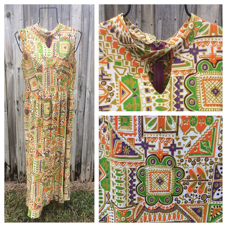 vintage 1960s psychedelic pattern sleeveless maxi dress wkeyhole neck