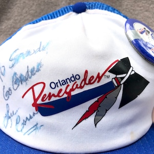 vintage 1980s Orlando Renegades Lee Corso autographed trucker hat w/button