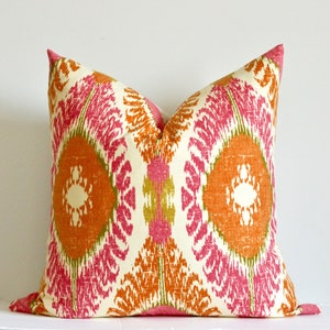 Bright Pink Ikat Pillow The Lina Pillow Cover Bright Pink and Orange Abstract Large Scale Ikat Pattern Throw Pillow Cover 26x26