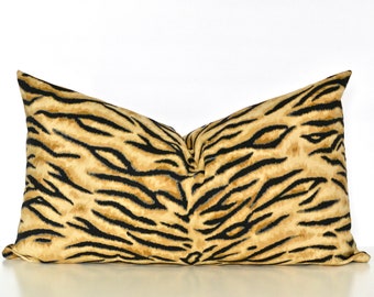 Tiger Print Lumbar Pillow Cover: Tiger Golden Brown Cotton Throw Pillow 14x24