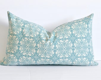 Teal Lumbar Pillow Cover Teal Blue Embroidered Trellis Pattern Throw Pillow