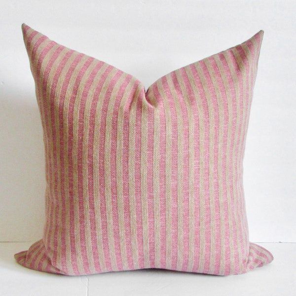 Coussin rayé rose magenta Taie d'oreiller rayé beige et rose Toile de jute lin Rayures douces naturelles Coussin lombaire 14 X 24