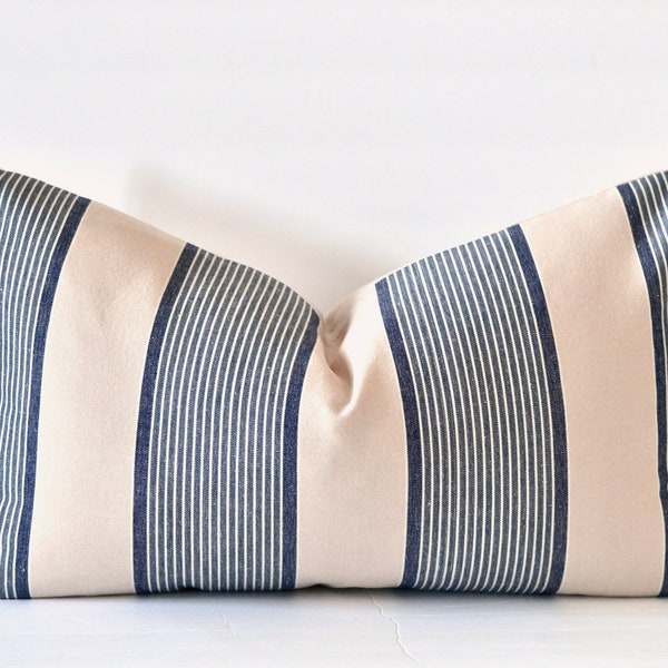 Navy Stripes Lumbar Pillow The Tania Pillow Cover Farmhouse Stripes Cotton Navy Blue and Beige Country Lumbar Throw Pillow 14x24