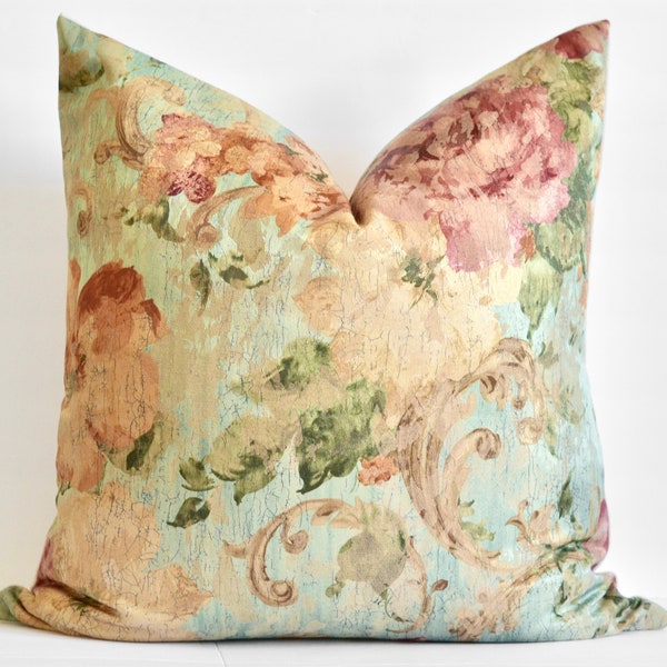 Floral Rust Pillow The Florence Pillow Cover Peach Gold Blue Green Jacobean Baroque Renaissance Style Shiny Floral Throw Pillow 22x22