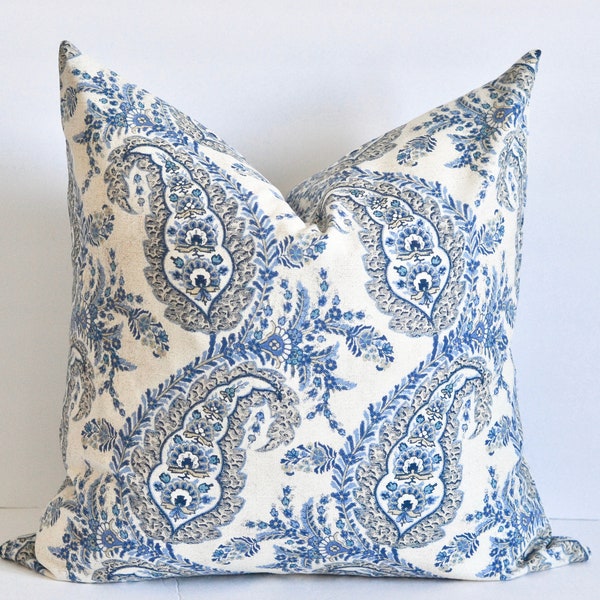 Blue Paisley Floral Print Pillow The Cressida Pillow Cover Blue and Beige Floral Patterned Cotton Throw Pillow Cushion 18x18 20x20